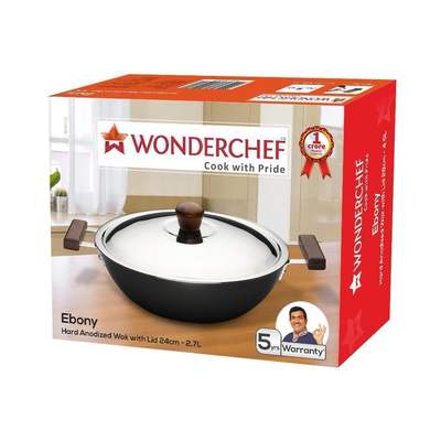 Wonderchef Ebony Hard Anodized Wok With Lid - 24CM