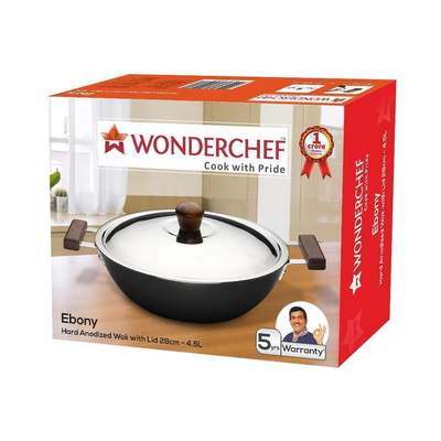 Wonderchef Ebony Hard Anodized Wok With Lid - 28CM